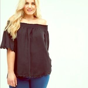 Off the shoulder plus size lace trimmed Flowy top